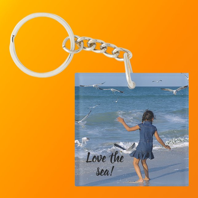 Sea and Beach Sand Love Life Blue Photo Keychain (Front with Background)