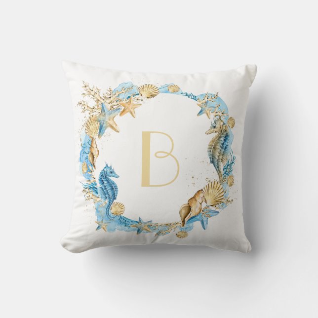Sea and Beach Seahorse Monogram Throw Pillow (Front)
