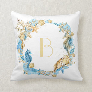 Sea and Beach Seahorse Monogram Throw Pillow