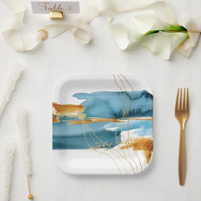 Sea and Sand Modern Watercolor Coastal Paper Plates (Wedding)