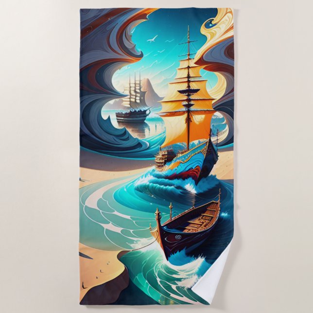Sea And Sand Tall Ships Beach Towel (Front)