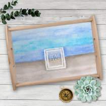 Sea and Sand Watercolor Teal Blue Tan Serving Tray