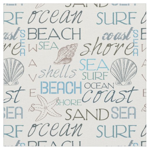 Sea and Surf Beach Typography and Shells Fabric
