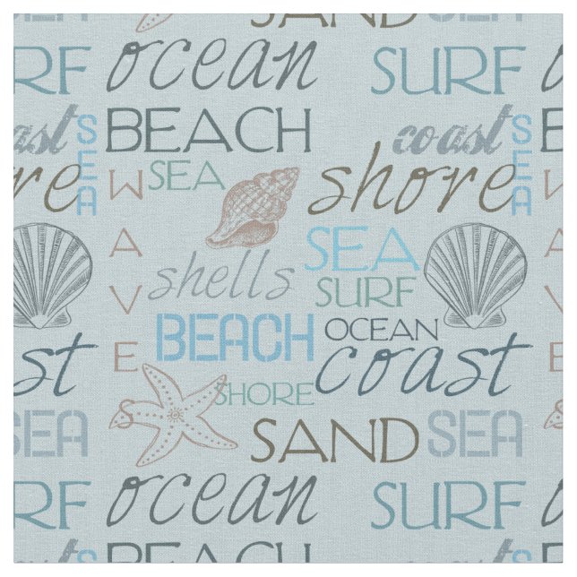 Sea and Surf Beach Typography and Shells Fabric (Close Up)