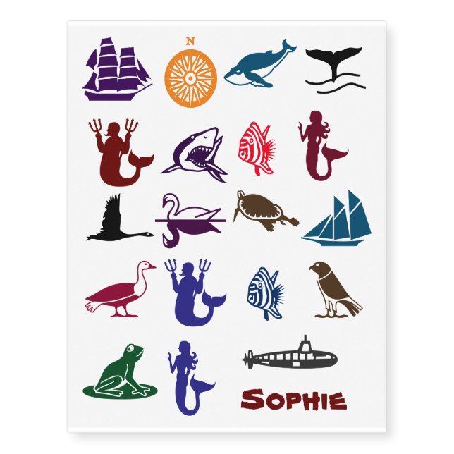Sea and Water Themed Creatures and Designs Temporary Tattoos (Front)