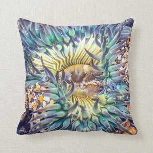 Sea Anemone Flowery Aqua & Yellow Marine Life Throw Pillow