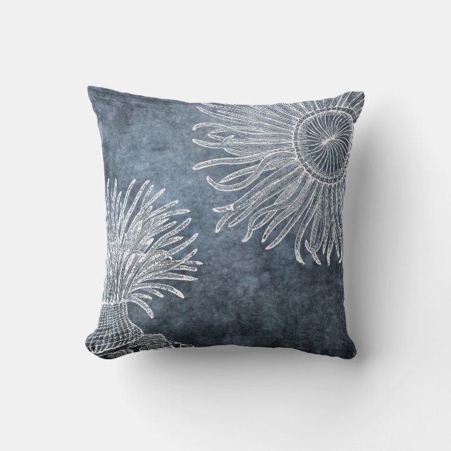 Sea Anemone Watercolor Ocean Navy Blue White Throw Pillow (Front)