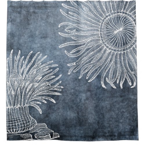 Sea Anemone Watercolor Twilight Ocean Blue White Shower Curtain