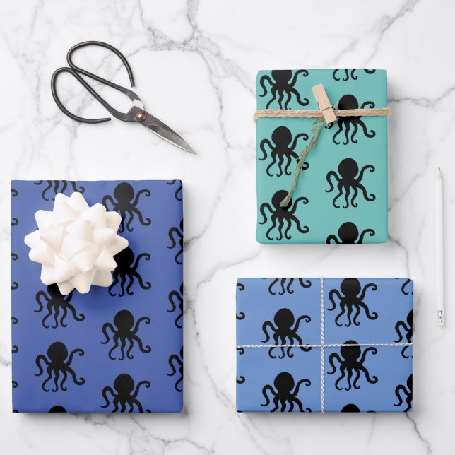 Sea Animal Octopus Silhouette Wrapping Paper Sheets (Front)