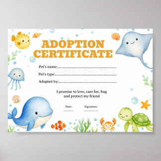 Sea animals adopt a pet coloring certificate poster