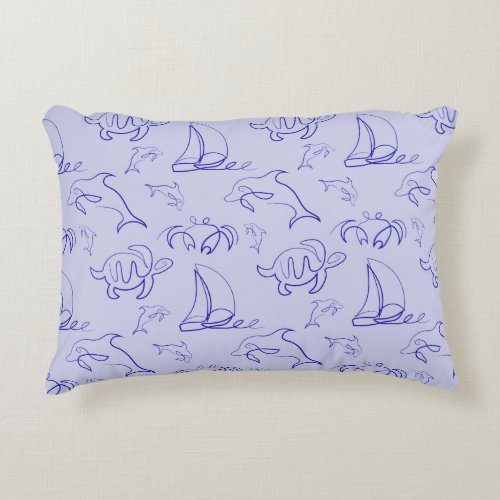Sea animals and sailboat one line drawing pattern  accent pillow