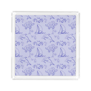 Sea animals and sailboat one line drawing pattern  acrylic tray
