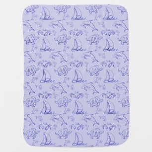Sea animals and sailboat one line drawing pattern baby blanket
