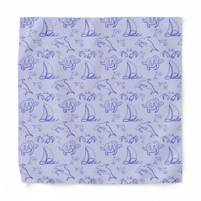 Sea animals and sailboat one line drawing pattern  bandana (Front)