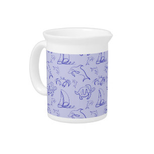 Sea animals and sailboat one line drawing pattern  beverage pitcher