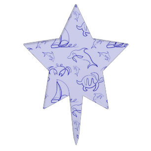 Sea animals and sailboat one line drawing pattern  cake topper