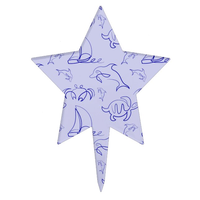 Sea animals and sailboat one line drawing pattern  cake topper (Front)