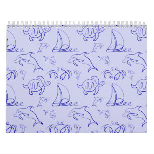 Sea animals and sailboat one line drawing pattern calendar