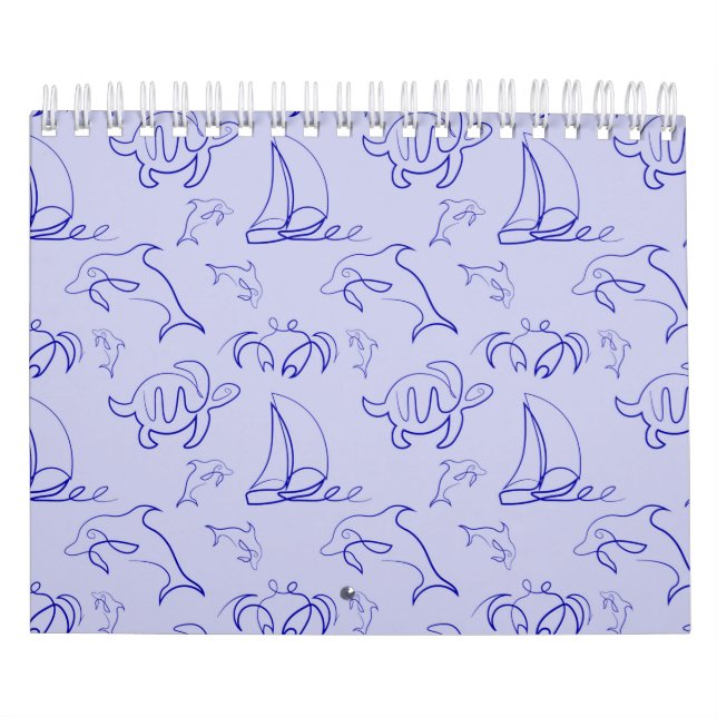 Sea animals and sailboat one line drawing pattern  calendar (Cover)