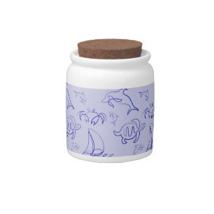 Sea animals and sailboat one line drawing pattern candy jar