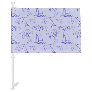 Sea animals and sailboat one line drawing pattern car flag