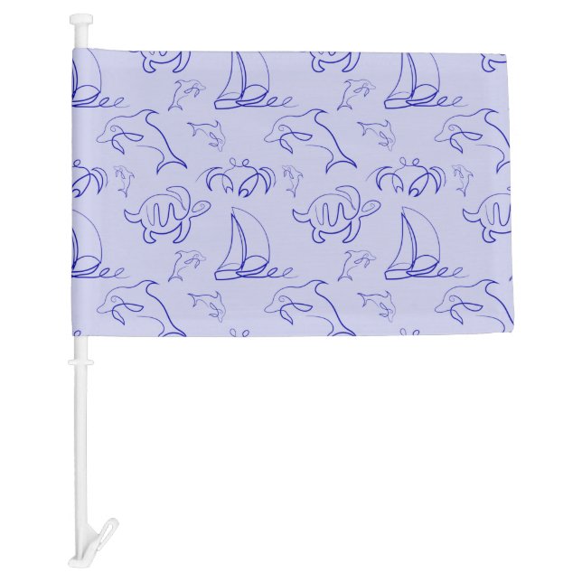 Sea animals and sailboat one line drawing pattern  car flag (Front)