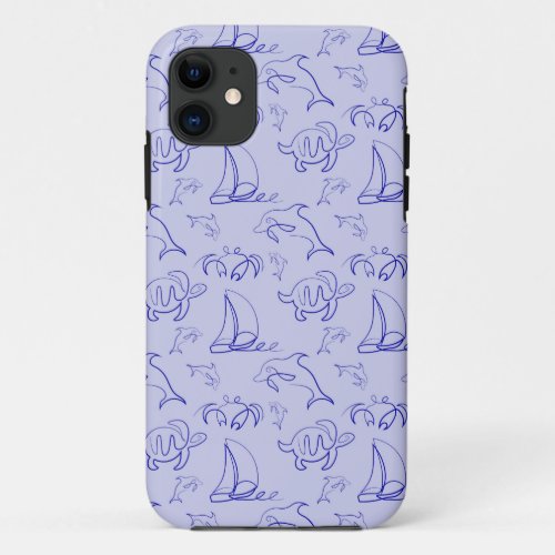 Sea animals and sailboat one line drawing pattern  iPhone 11 case