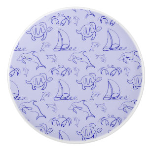 Sea animals and sailboat one line drawing pattern ceramic knob