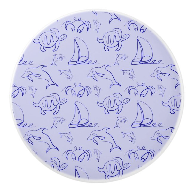 Sea animals and sailboat one line drawing pattern  ceramic knob (Front)