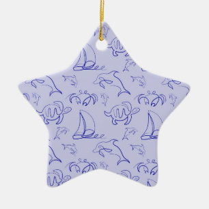 Sea animals and sailboat one line drawing pattern ceramic ornament