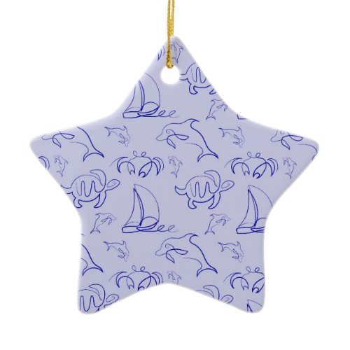 Sea animals and sailboat one line drawing pattern  ceramic ornament