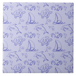 Sea animals and sailboat one line drawing pattern  ceramic tile