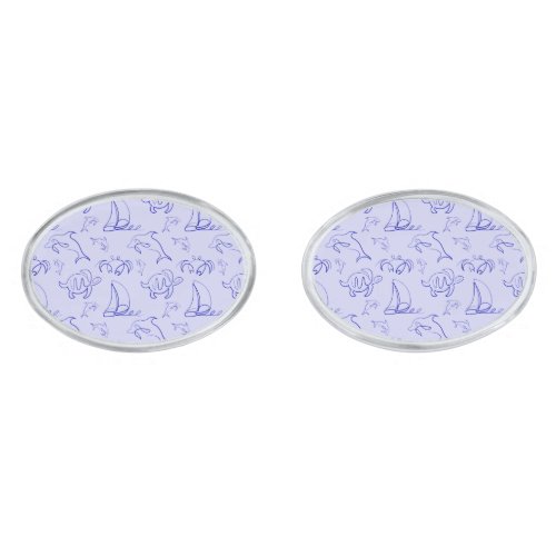 Sea animals and sailboat one line drawing pattern cufflinks