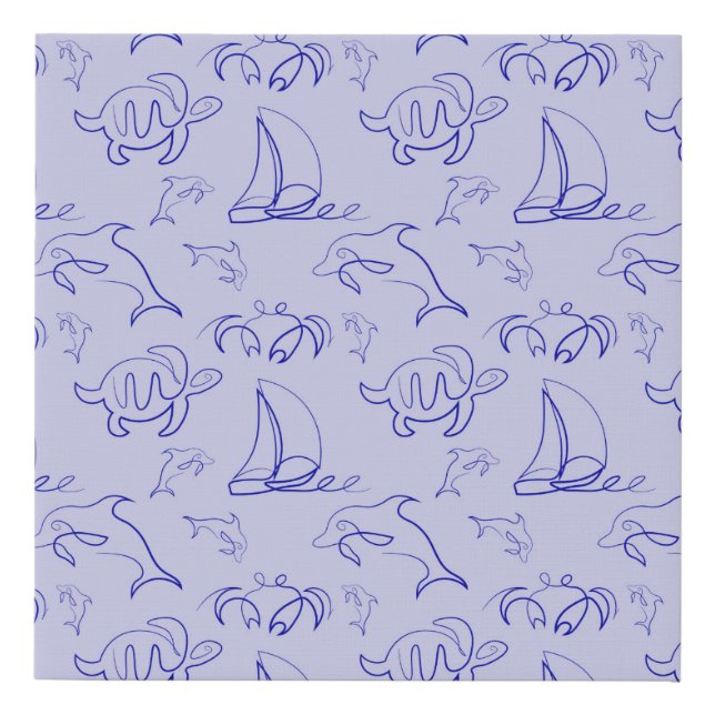 Sea animals and sailboat one line drawing pattern  faux canvas print (Front)