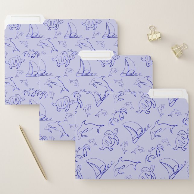 Sea animals and sailboat one line drawing pattern  file folder (Set)