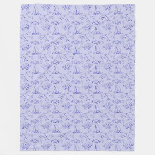 Sea animals and sailboat one line drawing pattern fleece blanket