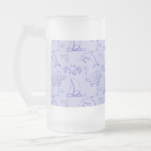 Sea animals and sailboat one line drawing pattern  frosted glass beer mug