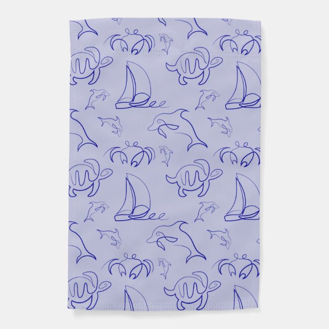 Sea animals and sailboat one line drawing pattern  garden flag (Front)