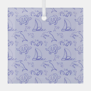 Sea animals and sailboat one line drawing pattern  glass ornament
