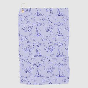 Sea animals and sailboat one line drawing pattern golf towel