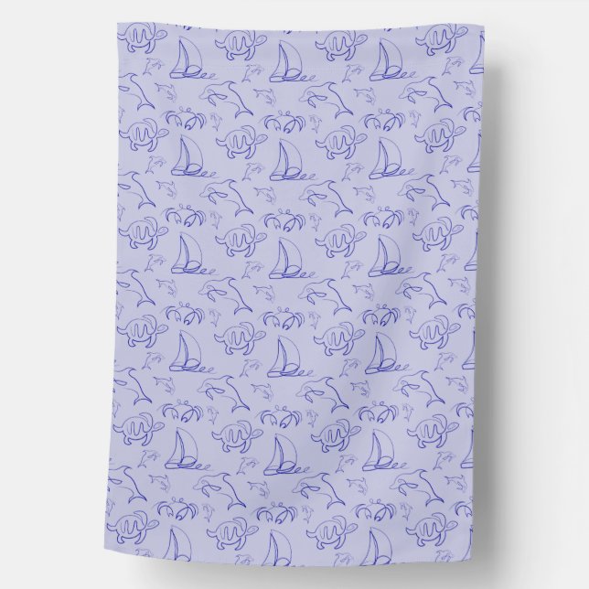 Sea animals and sailboat one line drawing pattern  house flag (Front)