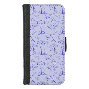 Sea animals and sailboat one line drawing pattern iPhone 8/7 wallet case