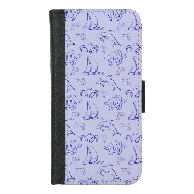 Sea animals and sailboat one line drawing pattern  iPhone wallet case (Front)