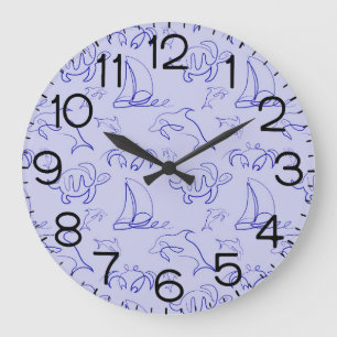 Sea animals and sailboat one line drawing pattern  large clock