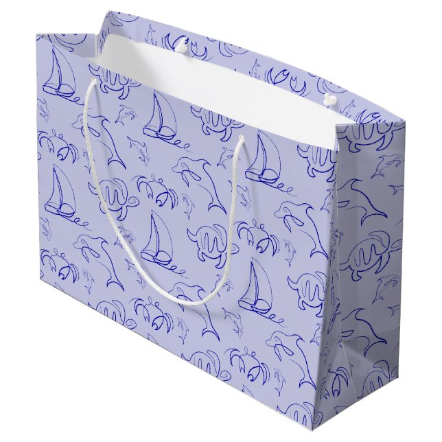 Sea animals and sailboat one line drawing pattern  large gift bag (Back Angled)