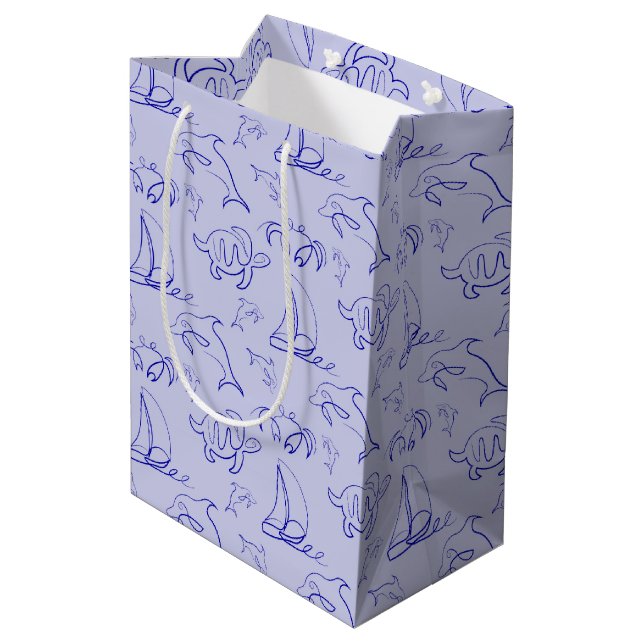 Sea animals and sailboat one line drawing pattern  medium gift bag (Back Angled)