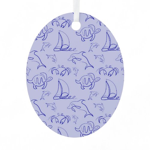 Sea animals and sailboat one line drawing pattern  metal ornament