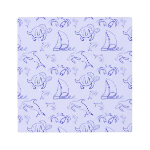 Sea animals and sailboat one line drawing pattern metal print