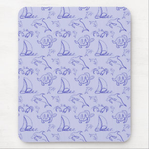 Sea animals and sailboat one line drawing pattern mouse pad