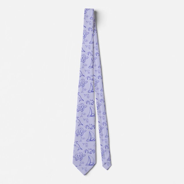 Sea animals and sailboat one line drawing pattern  neck tie (Front)